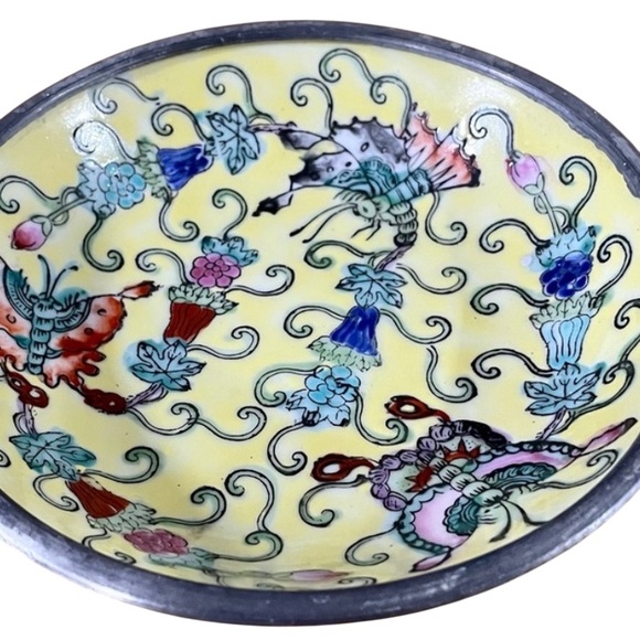 Neiman Marcus Japanese Porcelain Ware HandPainted Yellow Dish Encased in Pewter - Picture 2 of 8